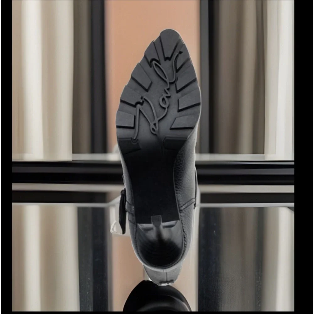 Karl Lagerfeld Mable Lug-Sole Heeled Black Boot W/Crystal & Polished Studs Strap